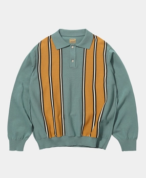 1950s Contrast Stripe Long Sleeve Polo Shirt Chill Layering Snap Button Closure