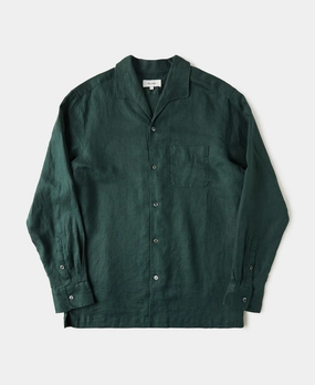 Odor Resistant 1950s Italian Collar Long-Sleeve Linen Shirt - Dark Green