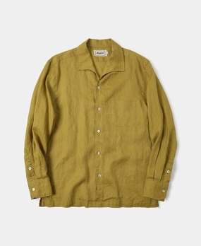 1950s Italian Collar Long-Sleeve Linen Shirt - Mustard Asymmetrical Cut