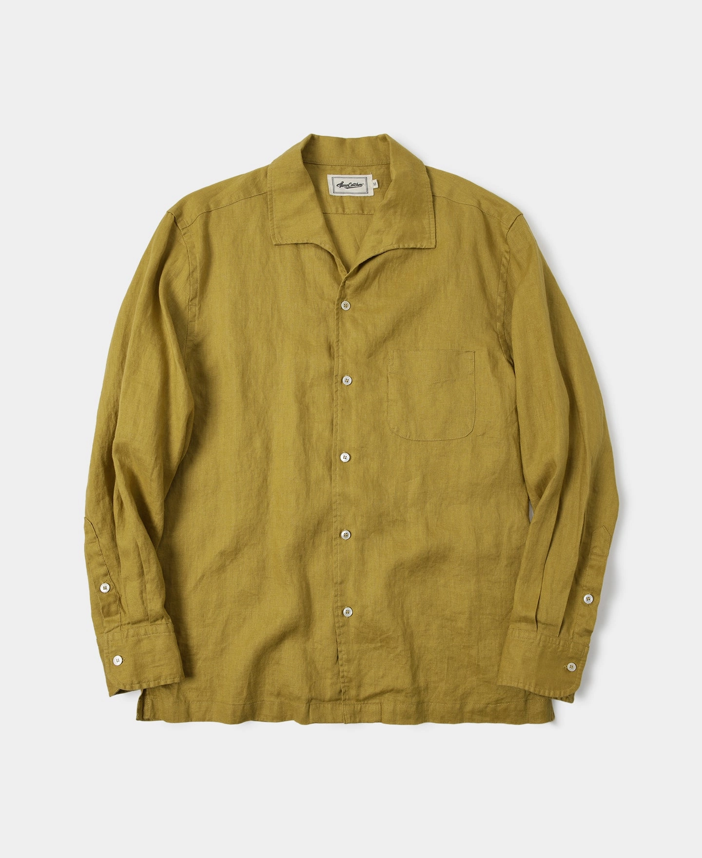 1950s Italian Collar Long-Sleeve Linen Shirt - Mustard Asymmetrical Cut