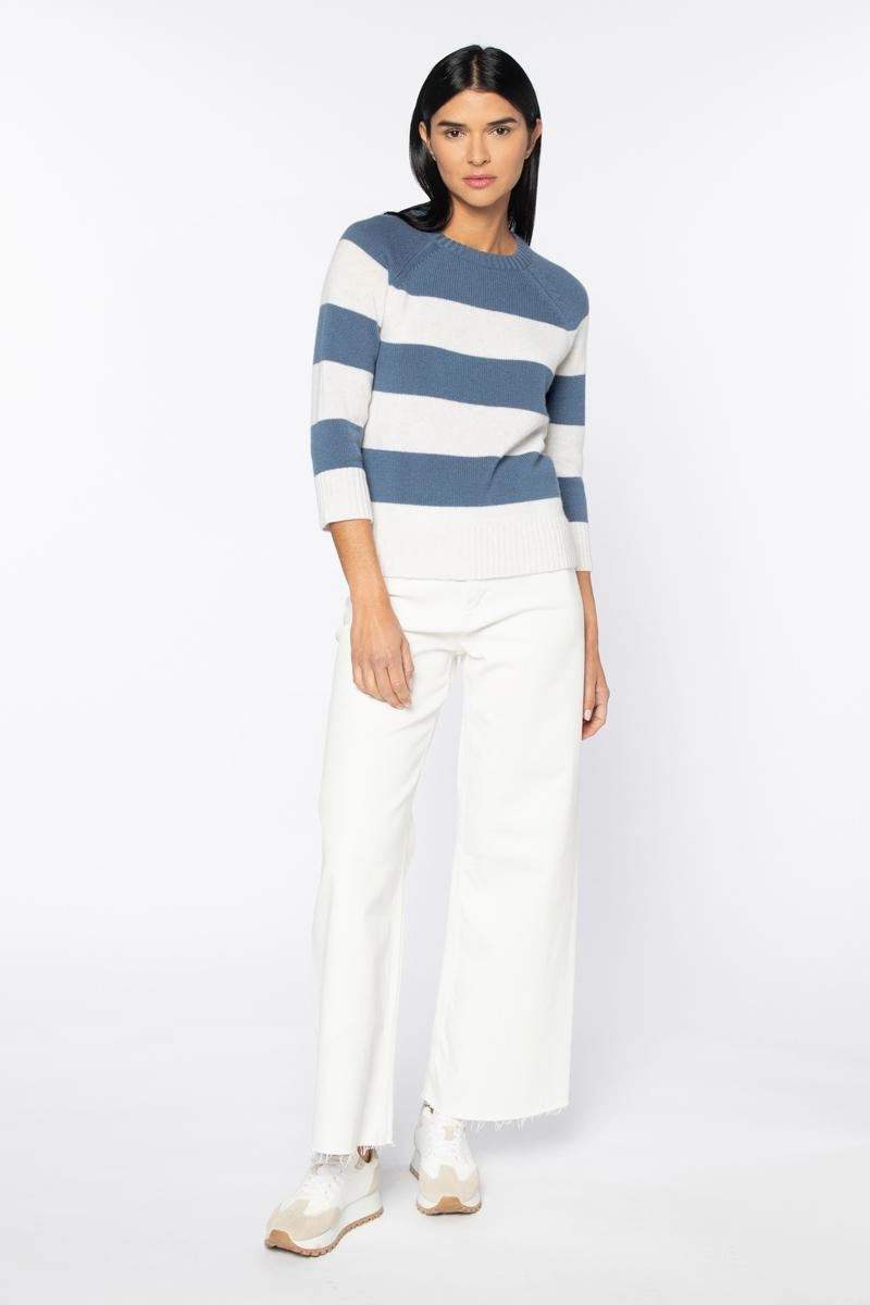3/4 Sleeve Wide Stripe Crew Comfy Winter Wear Winter Must-Have Wear
