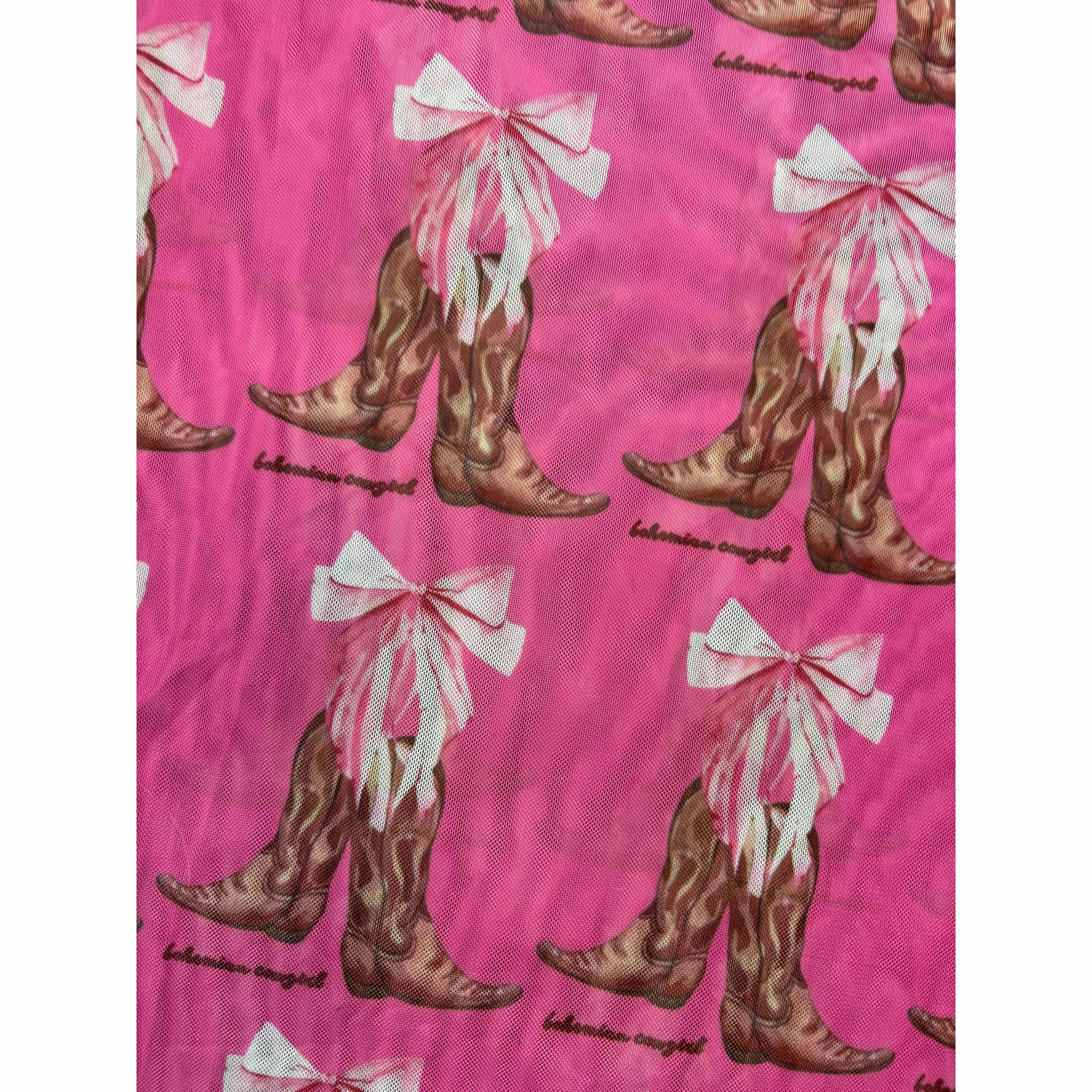HeatPressedLogos Snag Free Fabric Bohemian Cowgirl Ladies Pink Bows and Boots Mesh Long Sleeve