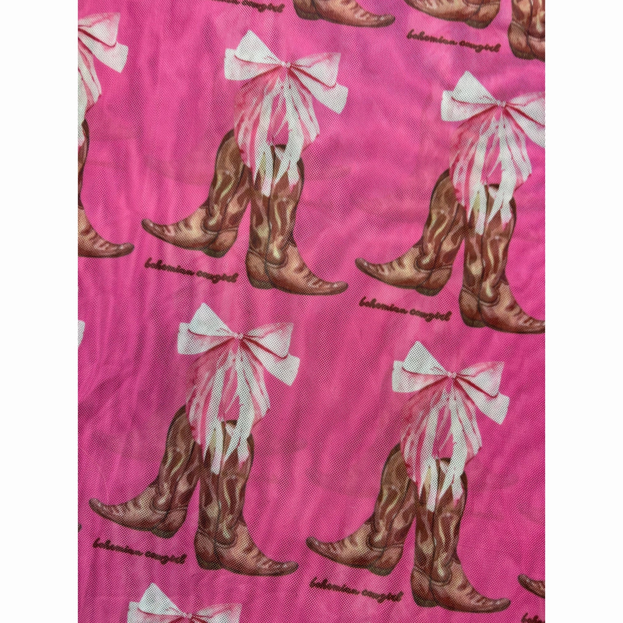 Bohemian Cowgirl Ladies Pink Bows and Boots Mesh Long Sleeve AdjustableNeckline LowMaintenance