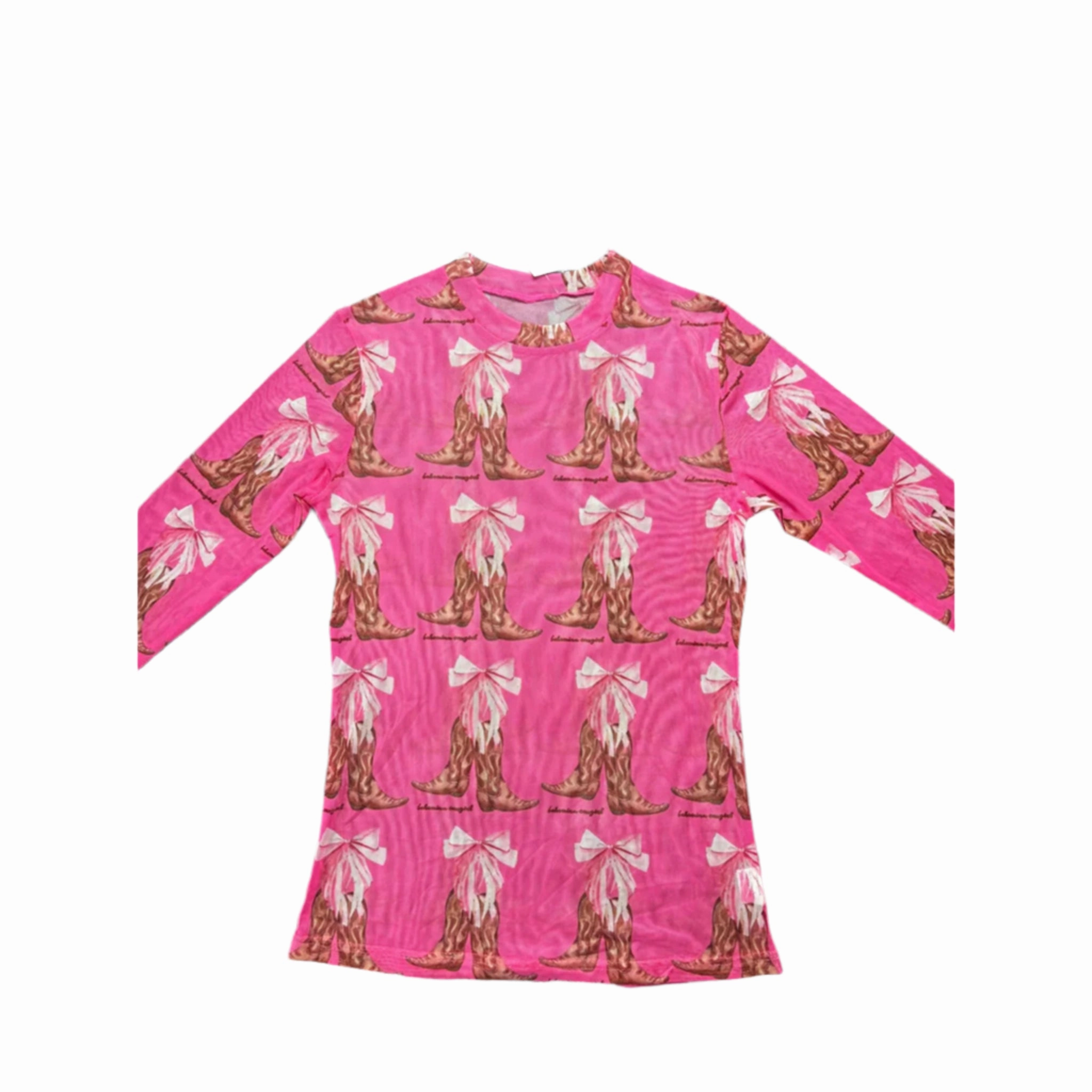 UltraSoft Blend Bohemian Cowgirl Ladies Pink Bows and Boots Mesh Long Sleeve