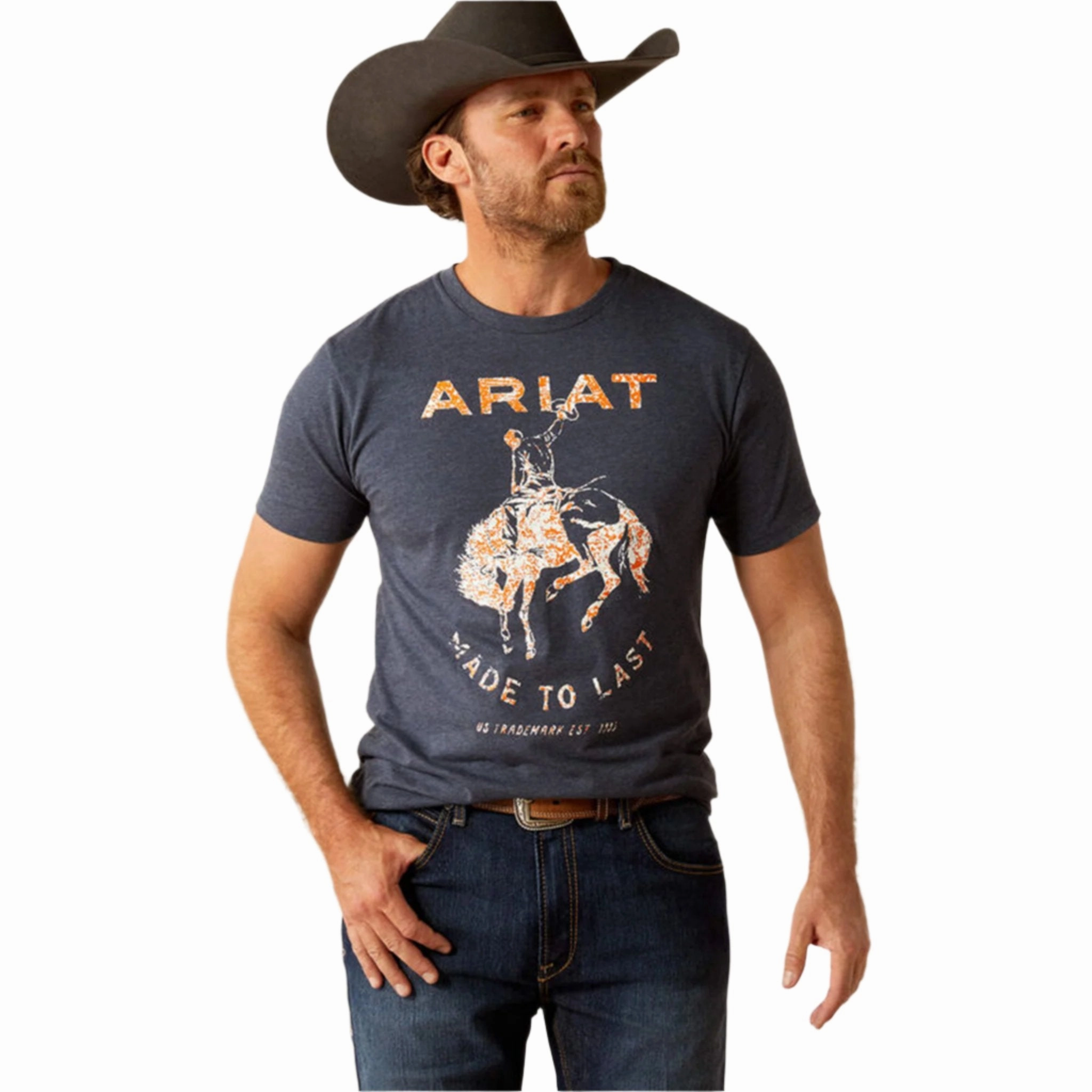 Tagless Labeling networking event Ariat Men's Navy Made to Last Bronco Tee