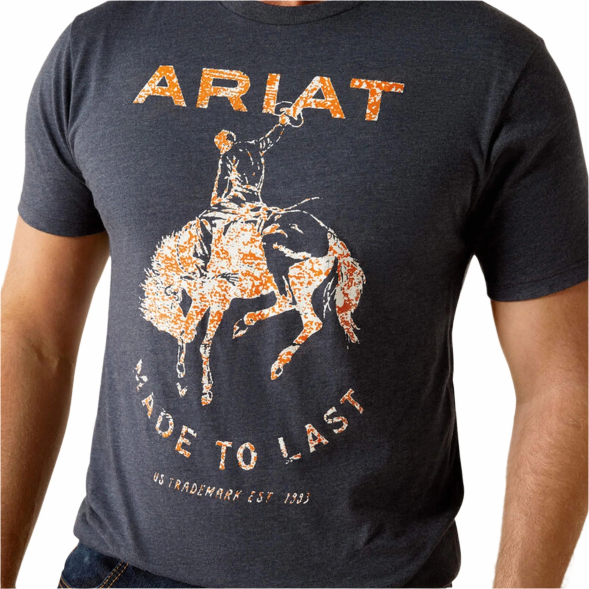 Ariat Men's Navy Made to Last Bronco Tee EasyCare Fabric Daytime Look