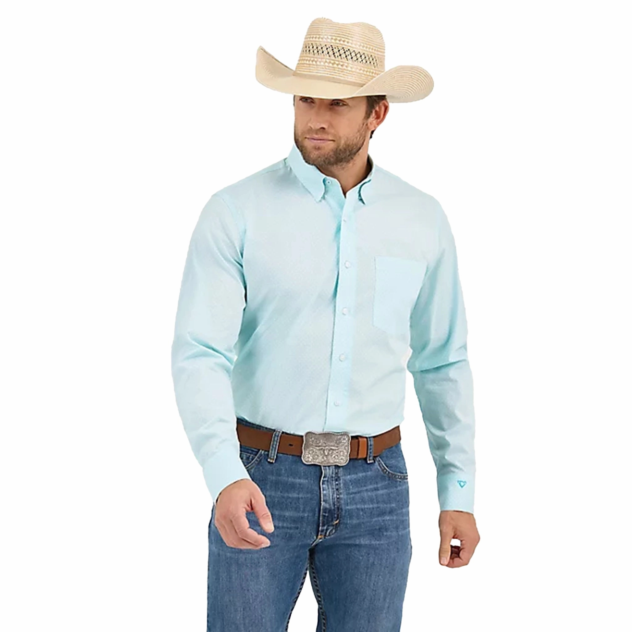Everyday Essential Reinforced Buttonholes Wrangler Men's Cody Johnson Aqua Blue Long Sleeve