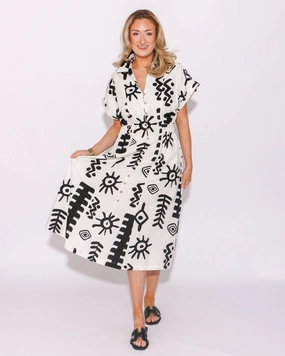 Abstract Button Down Midi Dress Daytime Mood Polished Fit