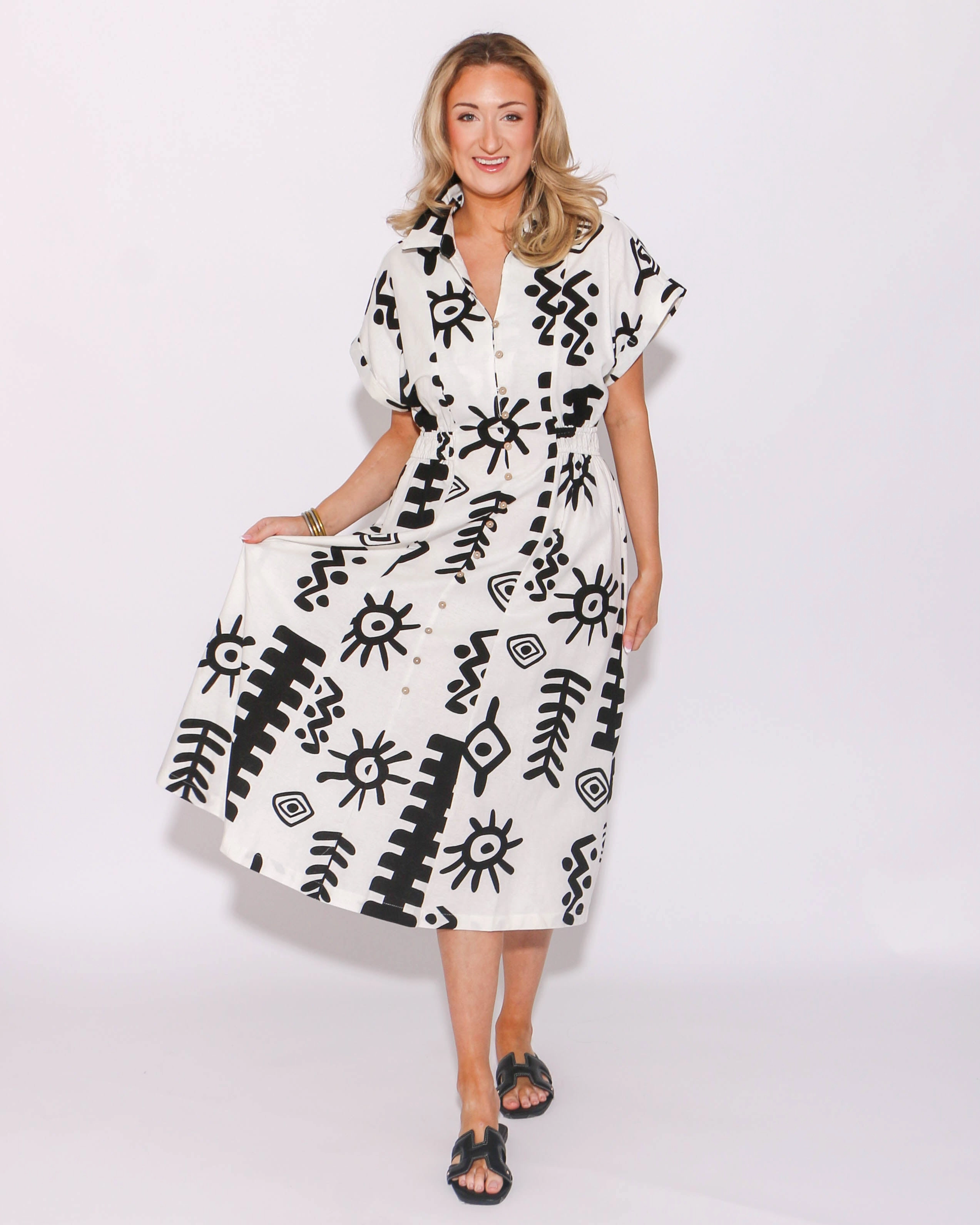 Abstract Button Down Midi Dress Daytime Mood Polished Fit