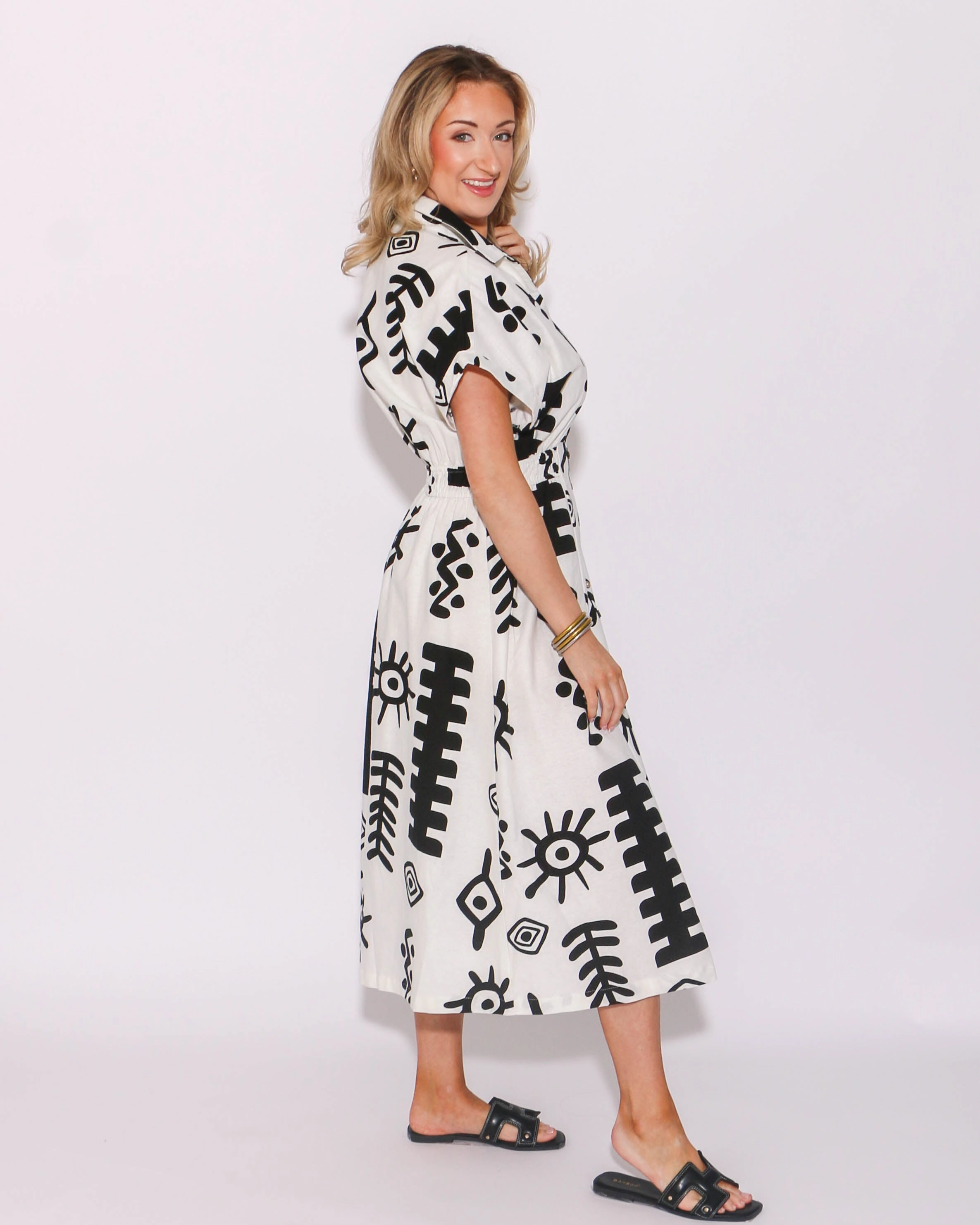 Smart Waistband Fit Abstract Button Down Midi Dress