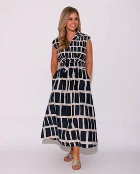 Abstract Drift Navy Midi Dress Chill Design Soft Glide