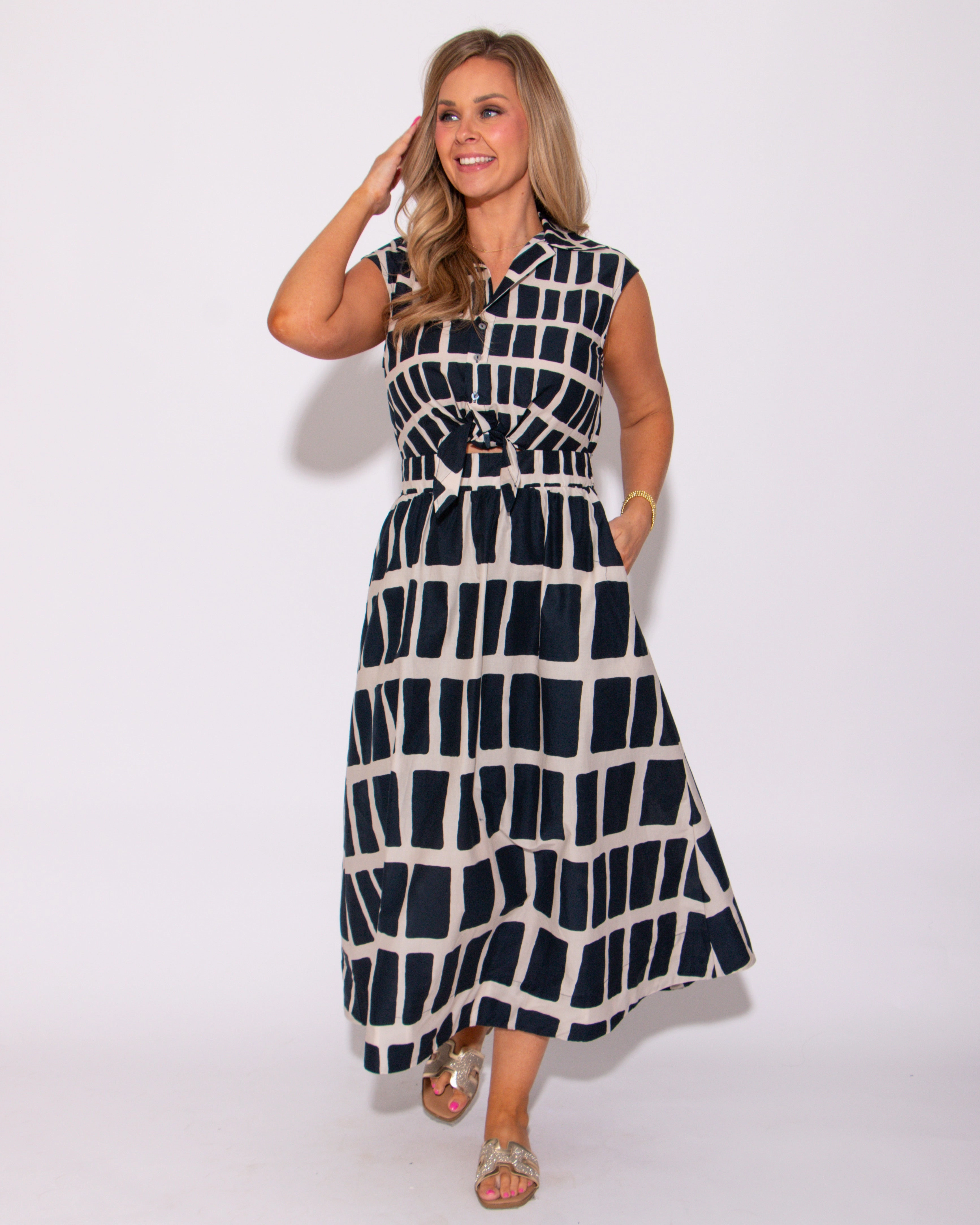 Abstract Drift Navy Midi Dress Cozy Mood Evening Chic
