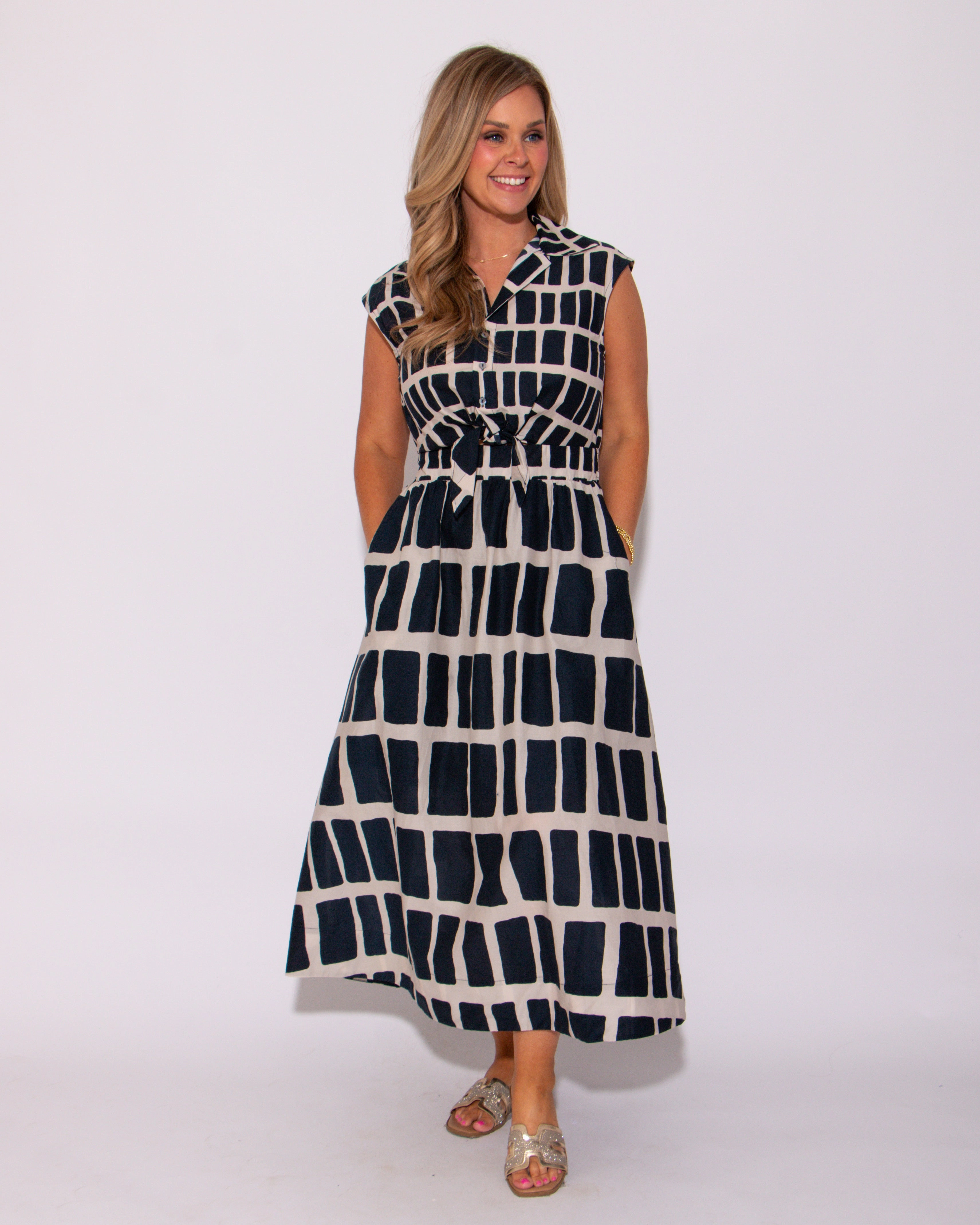 Abstract Drift Navy Midi Dress Chill Design Soft Glide