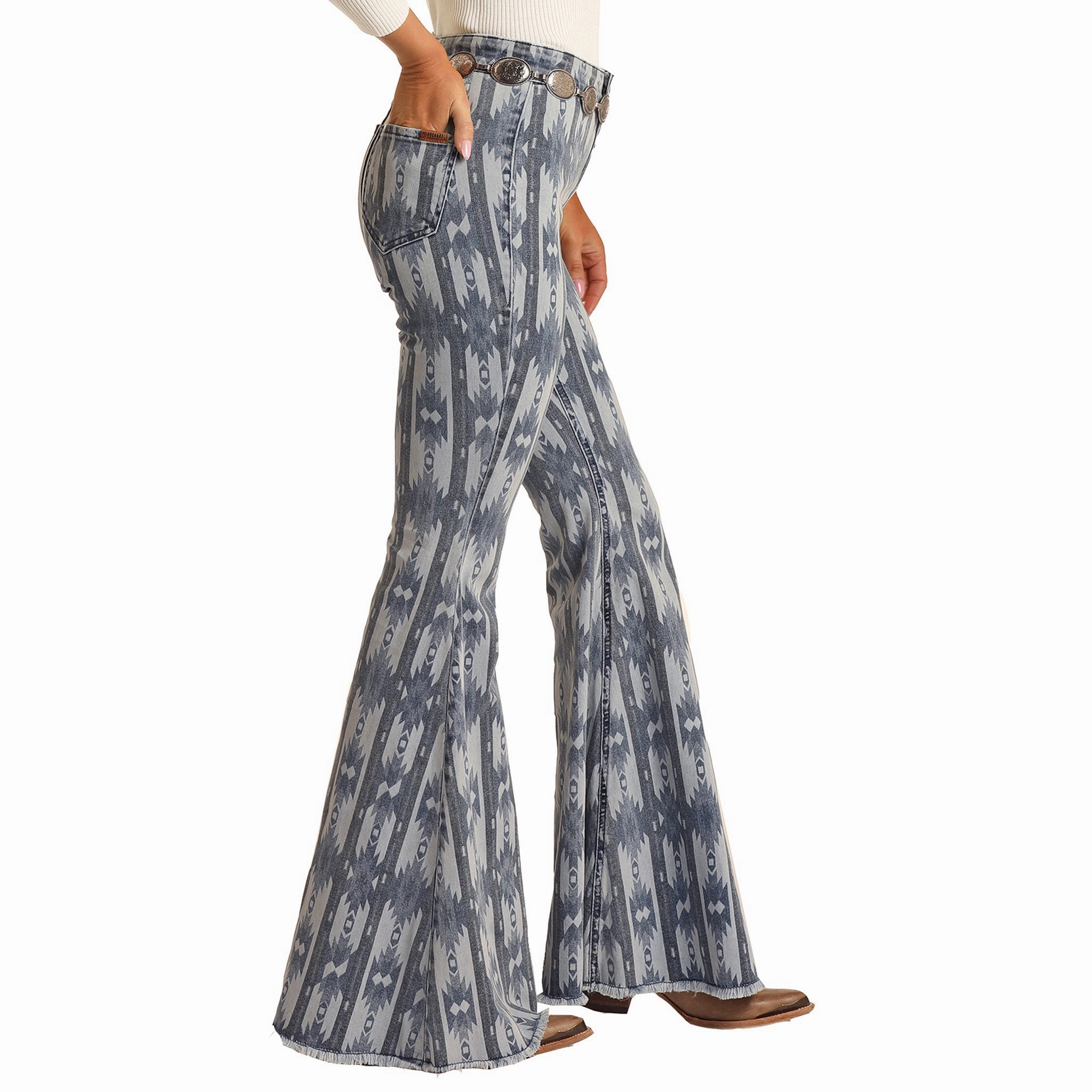 Rock & Roll Cowgirl Medium Wash Aztec Flare Jeans Clean Base