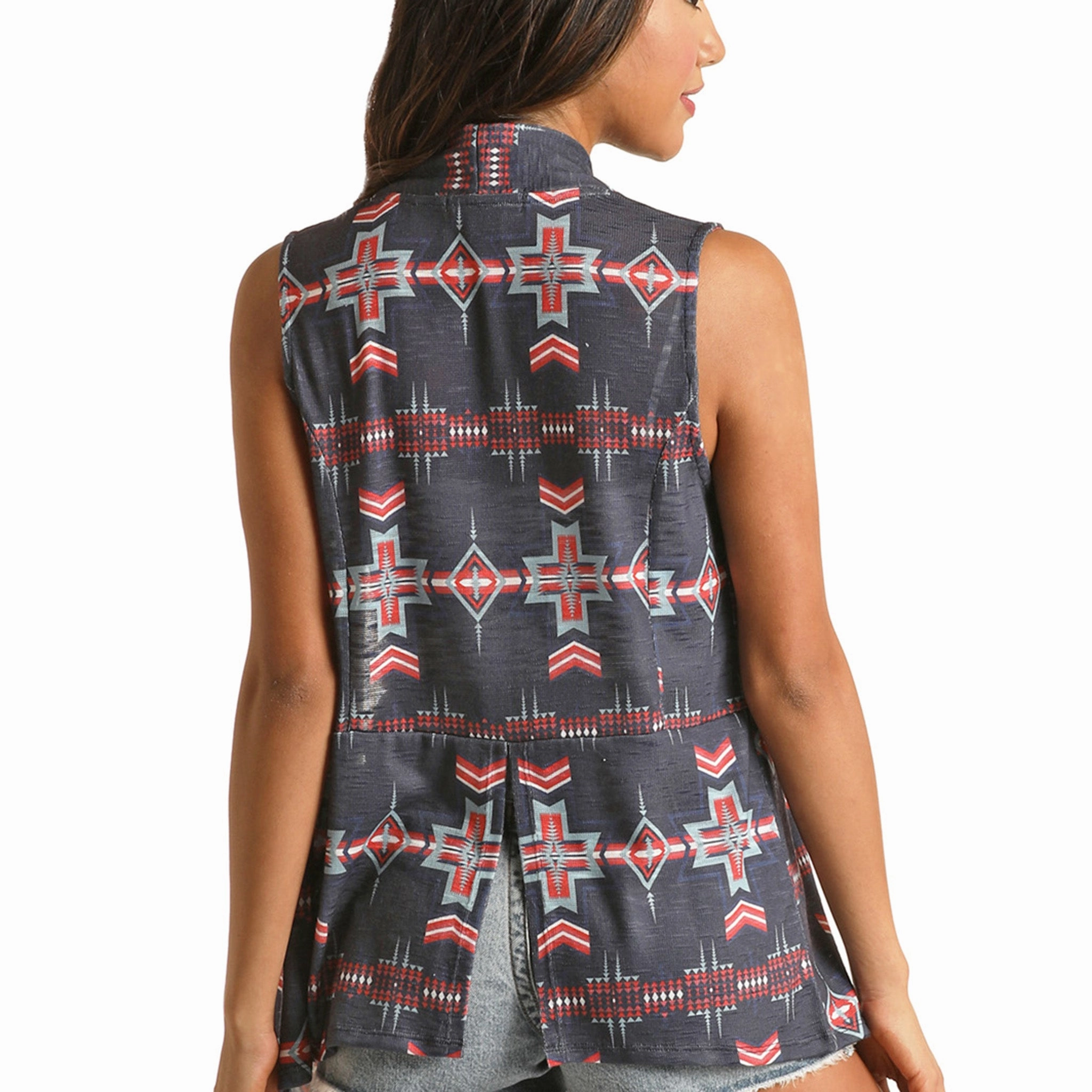 Rock & Roll Women's Americana Aztec Print Vest Low Profile Stitching Adjustable Cuffs