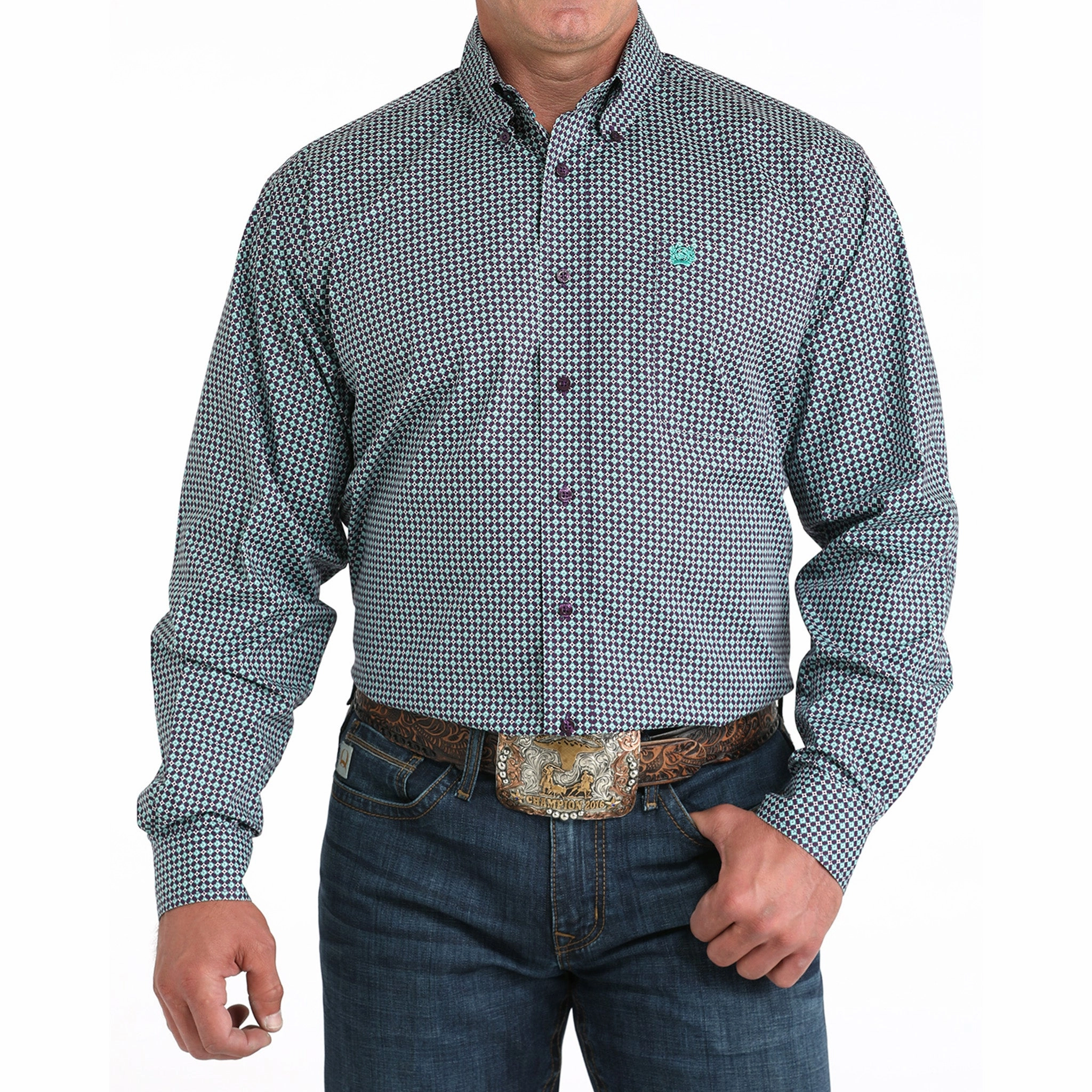 Relaxed Fit Plus Size Cinch Men's Purple Geo Print Shirt