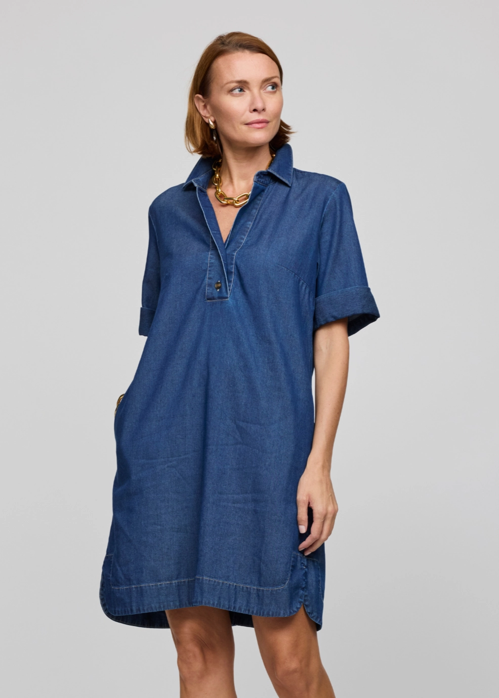 Versatile and Comfortable Aileen Short Sleeve Denim Tencel Dress - Dark Wash
