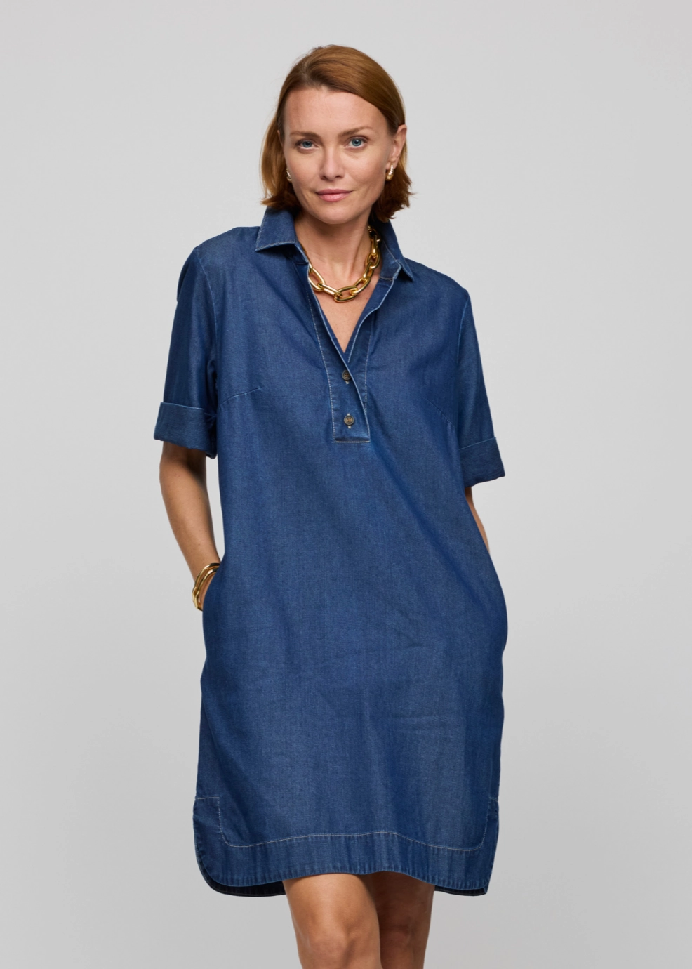 Walkable Flow Aileen Short Sleeve Denim Tencel Dress - Dark Wash