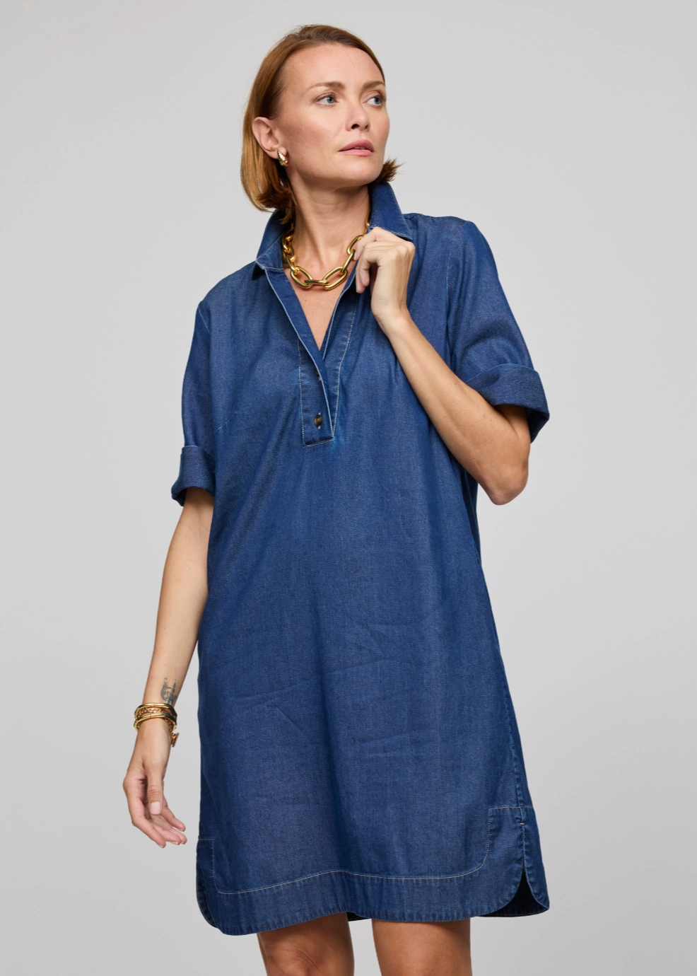 Aileen Short Sleeve Denim Tencel Dress - Dark Wash Versatile occasion dress