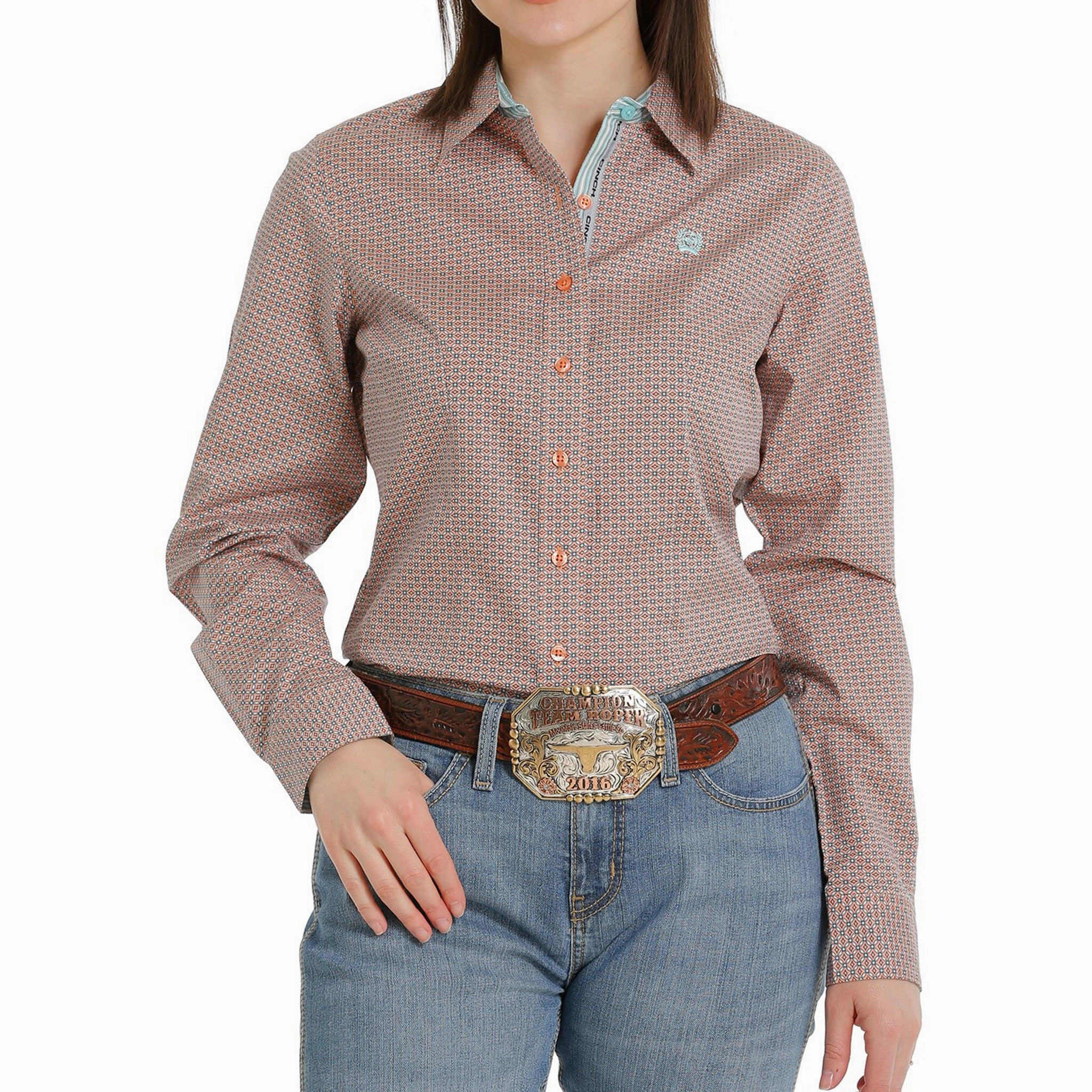 Cinch Women's Light Blue and Coral Shirt AdjustableHemCuffs Ribbed Collar Style