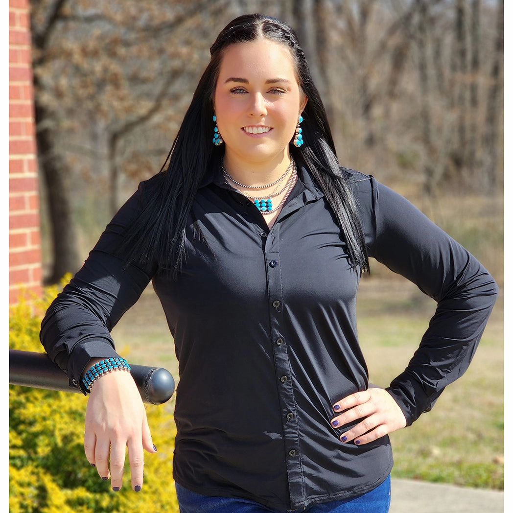 Ergonomic Shoulder Shape AntiBacterial Coating Cowgirl Tuff Black Button Up