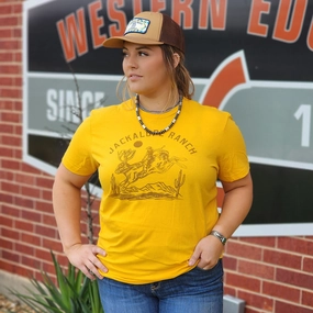 AllDay Comfort Design Cruel Denim Women's Yellow Jackalope Ranch Tee