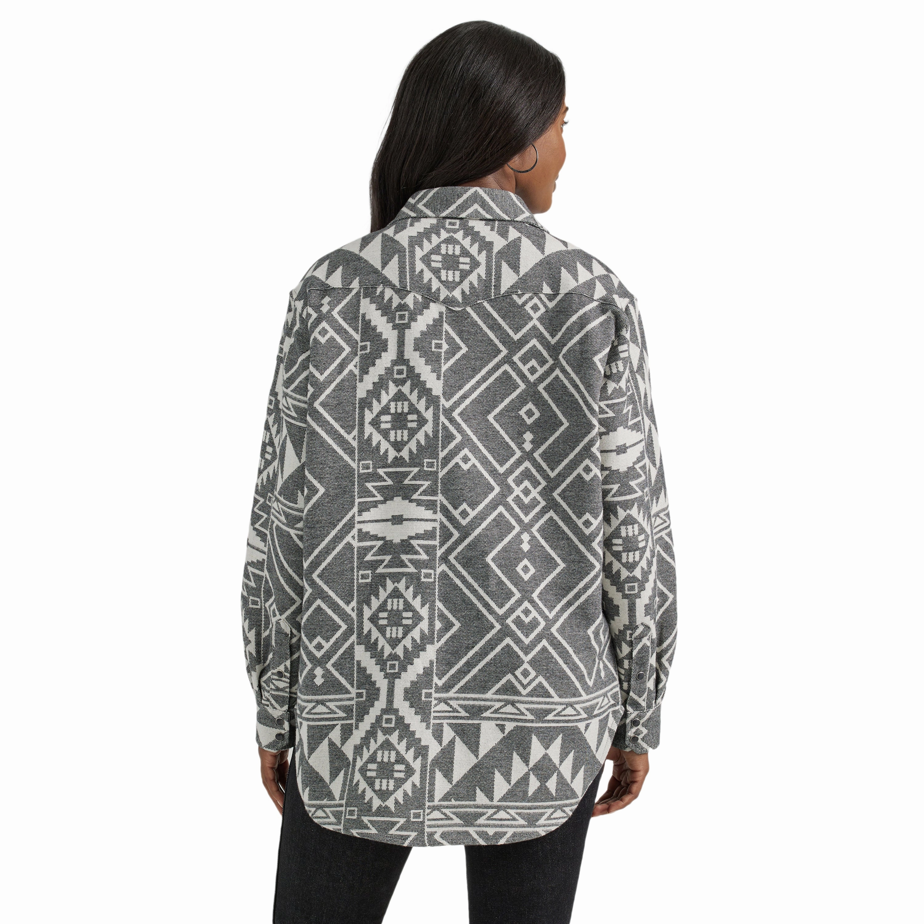 TearResistantOuter Flexible Joint Articulation Wrangler Women's Black Jacquard Aztec Shacket