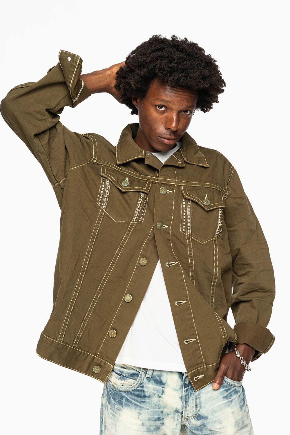 Quick Dry Technology DRK GREEN JEAN JACKET EMBELISHED WITH CLEAR CRYSTALS AND PYRAMID