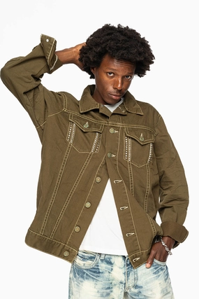 Quick Dry Technology DRK GREEN JEAN JACKET EMBELISHED WITH CLEAR CRYSTALS AND PYRAMID