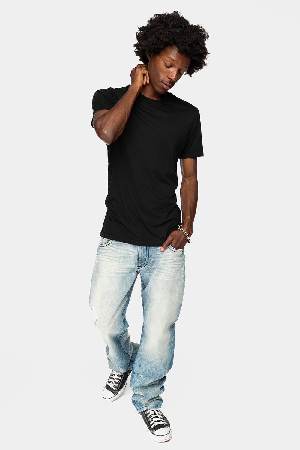 LIMITED EDITION LONG FLAP STRAIGHT JEANS IN AQUARAMA WASH WITH BLK LEATHER INSERTS EMBELLISHED WITH CRYSTALS Essential Style