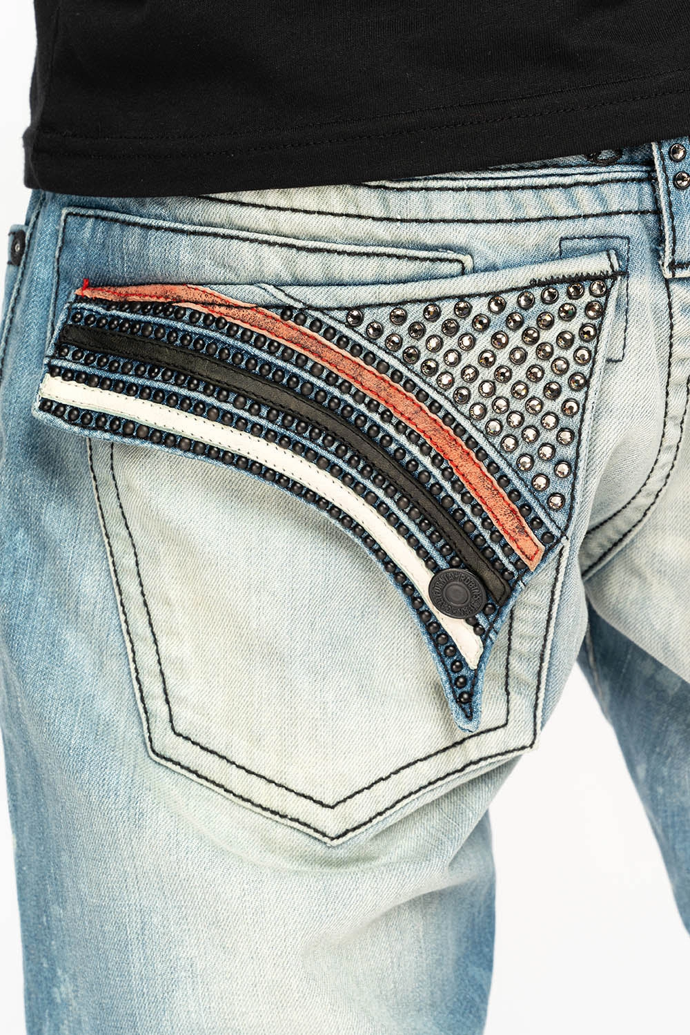 LIMITED EDITION LONG FLAP STRAIGHT JEANS IN AQUARAMA WASH WITH BLK LEATHER INSERTS EMBELLISHED WITH CRYSTALS Night Out Parent Style