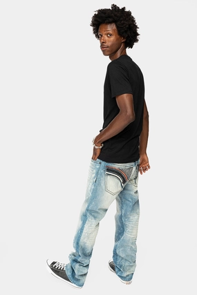 LIMITED EDITION LONG FLAP STRAIGHT JEANS IN AQUARAMA WASH WITH BLK LEATHER INSERTS EMBELLISHED WITH CRYSTALS Sandblasted Finish
