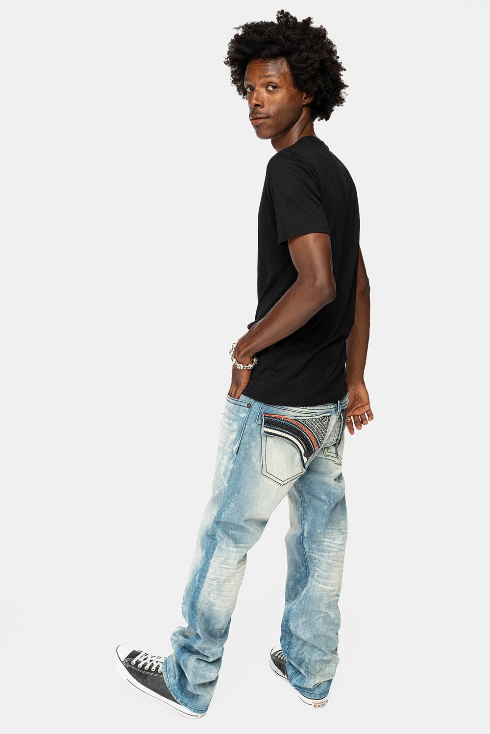 LIMITED EDITION LONG FLAP STRAIGHT JEANS IN AQUARAMA WASH WITH BLK LEATHER INSERTS EMBELLISHED WITH CRYSTALS Sandblasted Finish