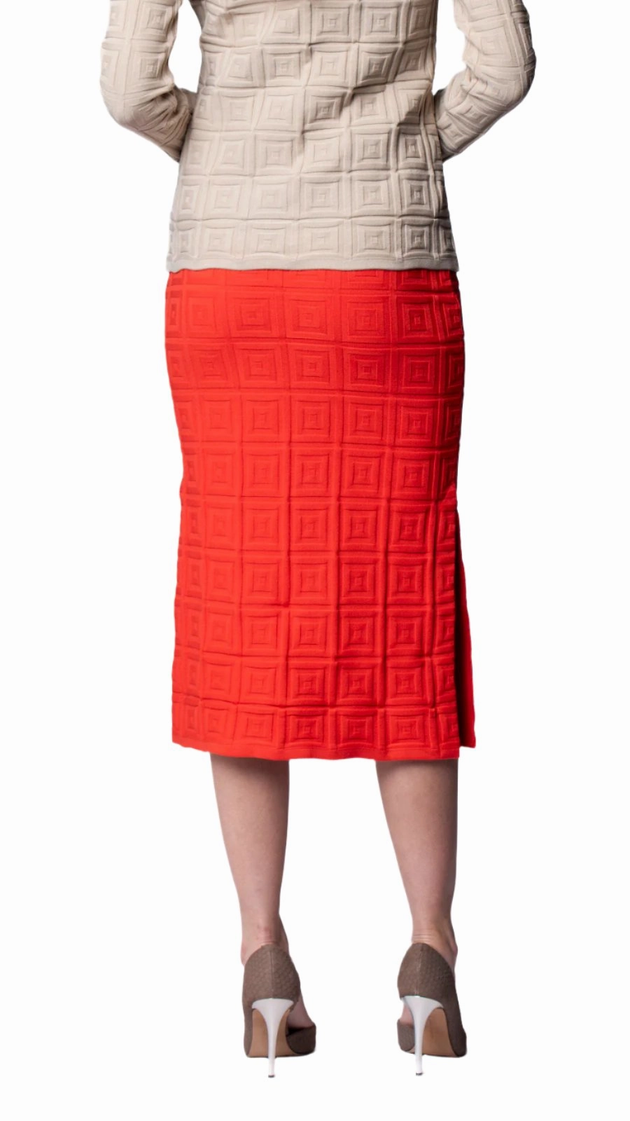 High Street Fashion Sabrina Square Pattern Midi Straight Skirt - Bright Orange / Fall Pre-Order