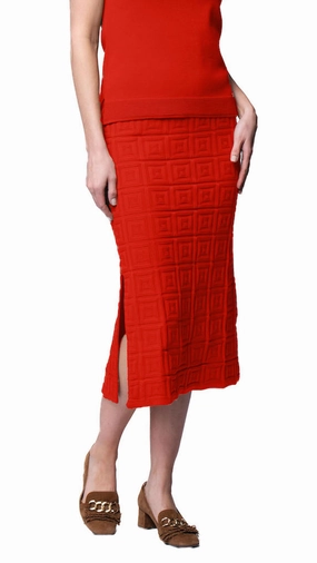 Sabrina Square Pattern Midi Straight Skirt - Bright Orange / Fall Pre-Order Crisp Finish Innovative Fabric
