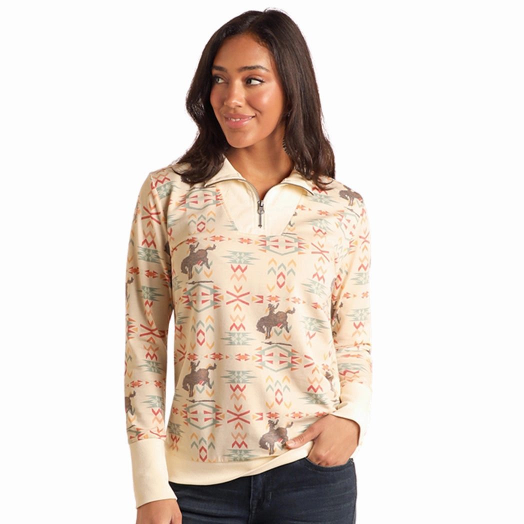 Stretchable Material Panhandle Slim Women's Cream Aztec Bronc 1/4 Zip Pullover