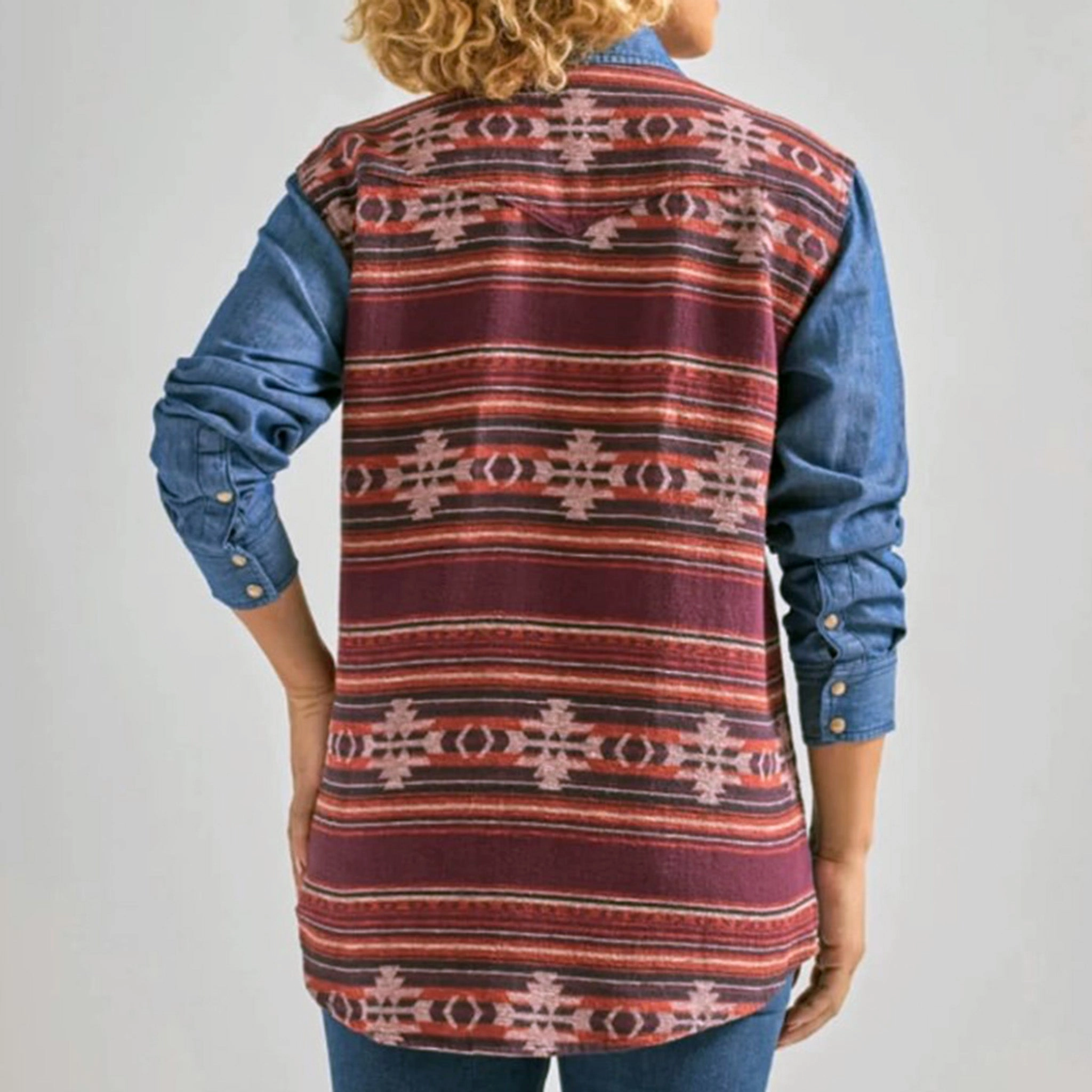 Curved Hemline Wrangler Women's Denim Aztec Shirt