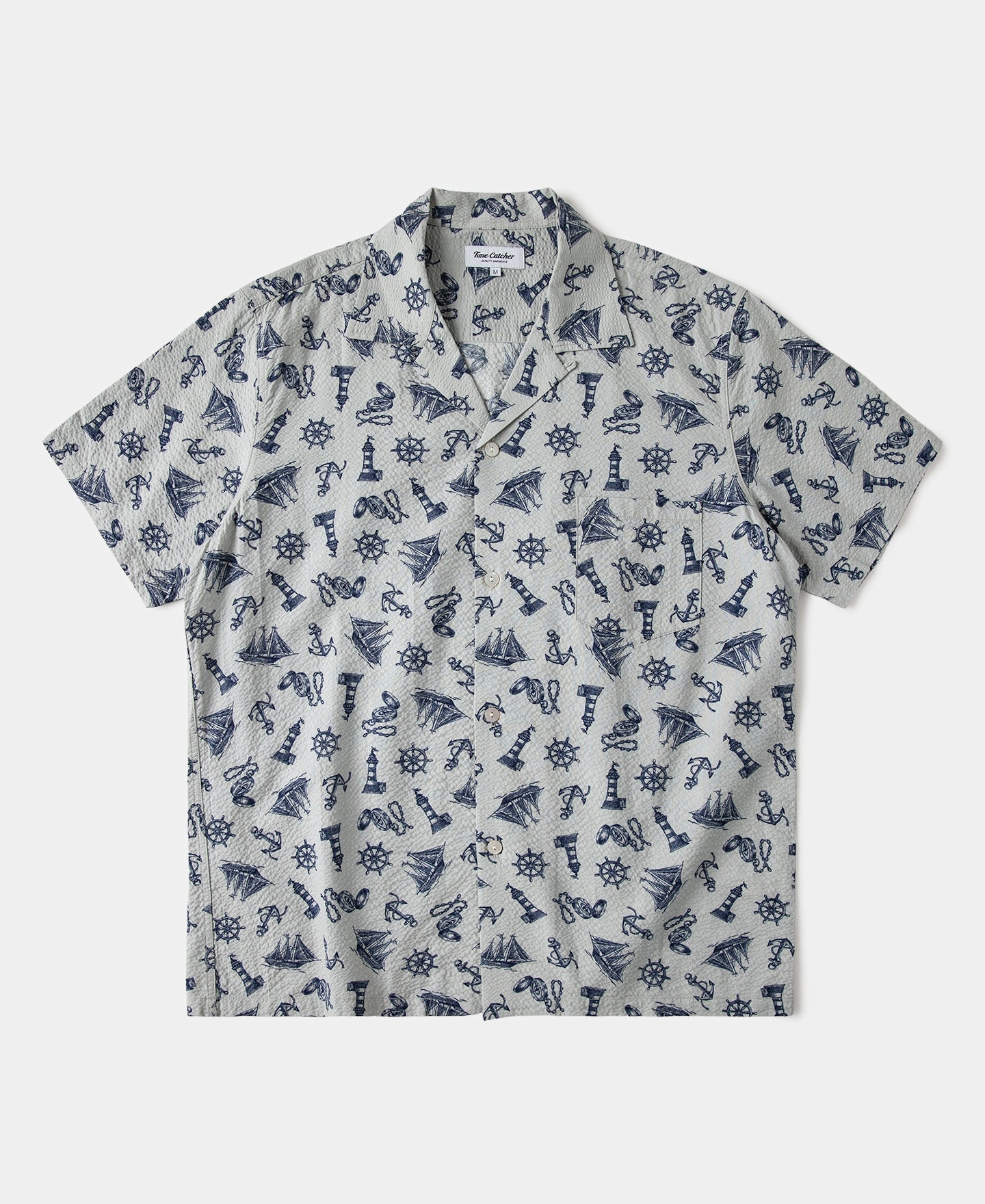 Wrinkle Free Care Nautical Printed Seersucker Short Sleeve Camp Shirt - Light Gray