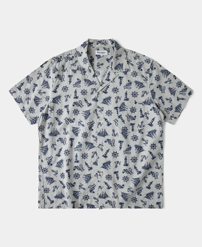 Weekend Adventure Nautical Printed Seersucker Short Sleeve Camp Shirt - Light Gray