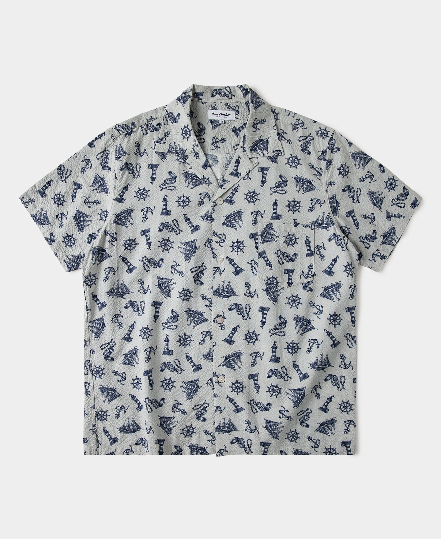 Weekend Adventure Nautical Printed Seersucker Short Sleeve Camp Shirt - Light Gray