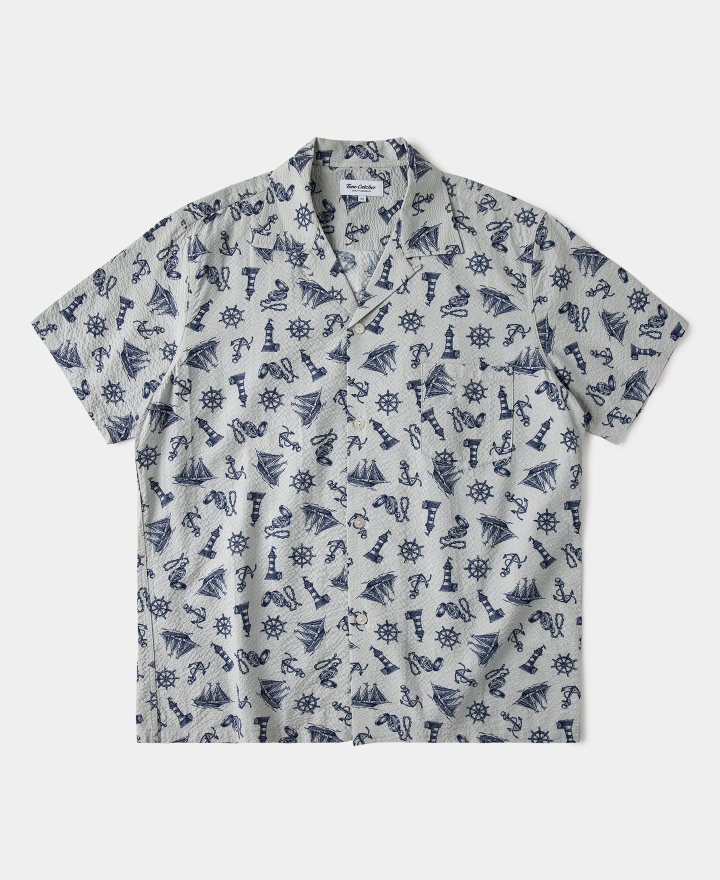 Nautical Printed Seersucker Short Sleeve Camp Shirt - Light Gray Wrinkle Resistant Finish Seamless Sides