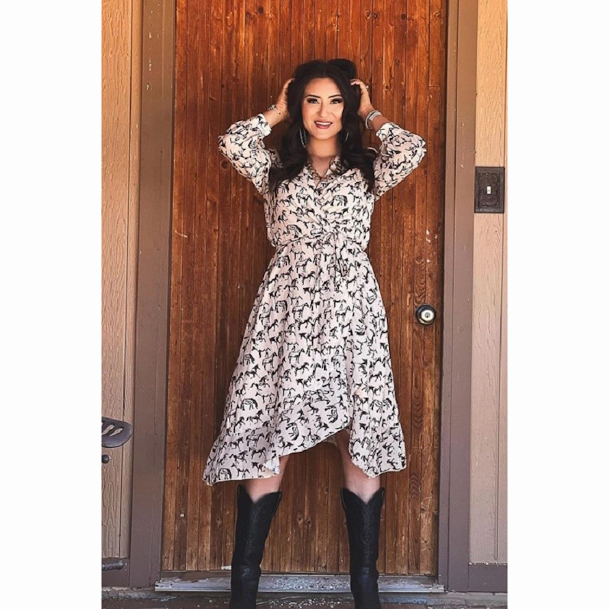 Unlined Look Lucky & Blessed Women's Cream Horse Wrap Dress