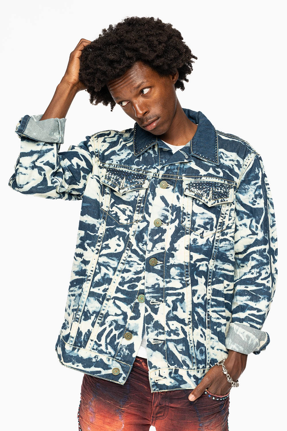 SALT INDIGO JEAN JACKET EMBELLISHED WITH SAPPHIRE  CRYSTALS Matte Surface Texture