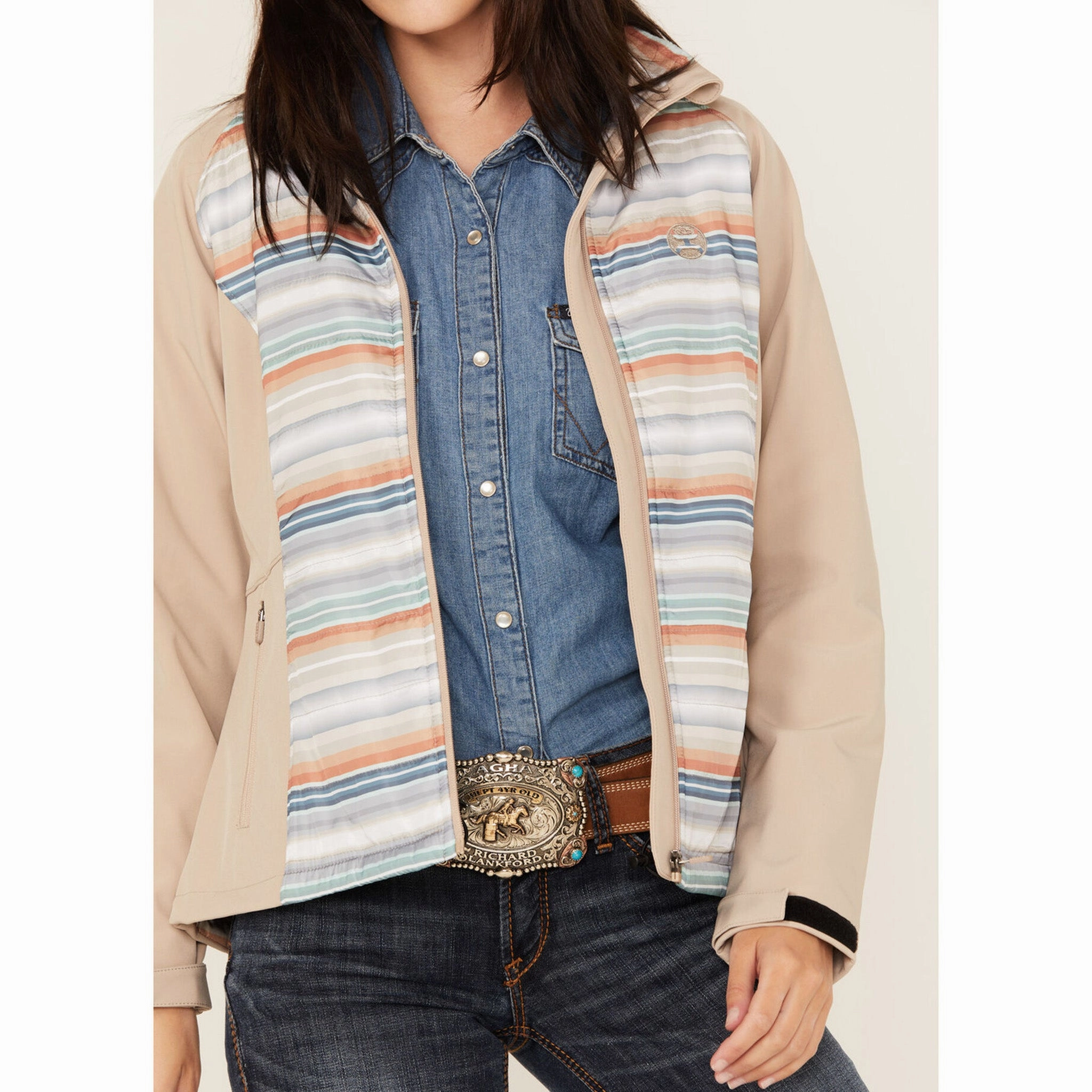Double Stitch Seams BondedSeams Hooey Women's Tan & Blue Serape Jacket