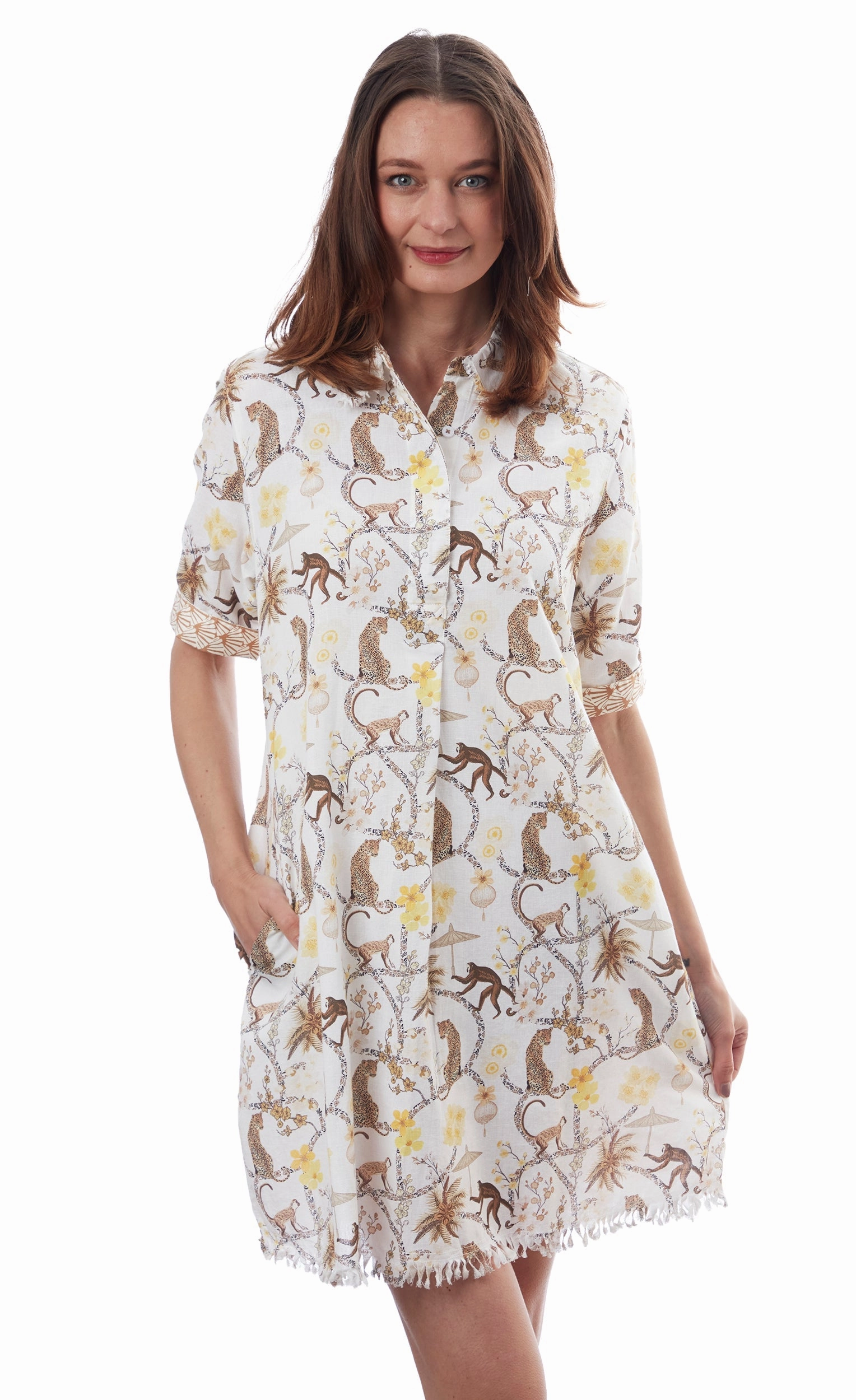Airy Base Sheer Panel Chatham Dress - Monkeys Print
