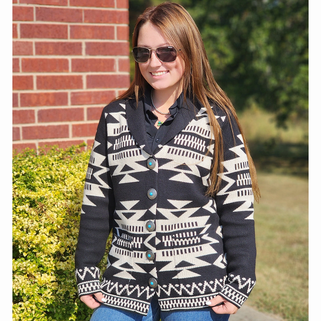 Odor Resistant Treatment Black & Ivory Aztec Cardigan