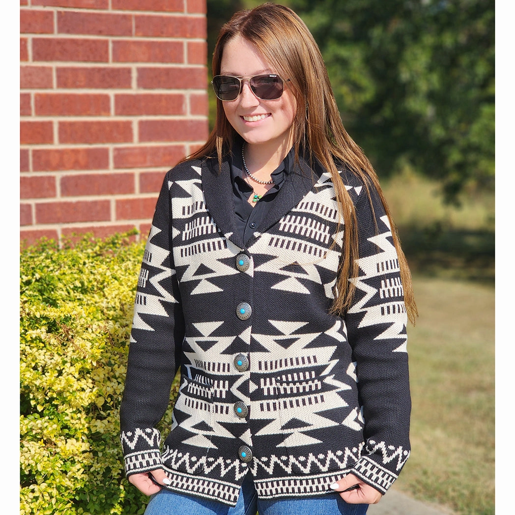 Flexible Fleece Lining Black & Ivory Aztec Cardigan