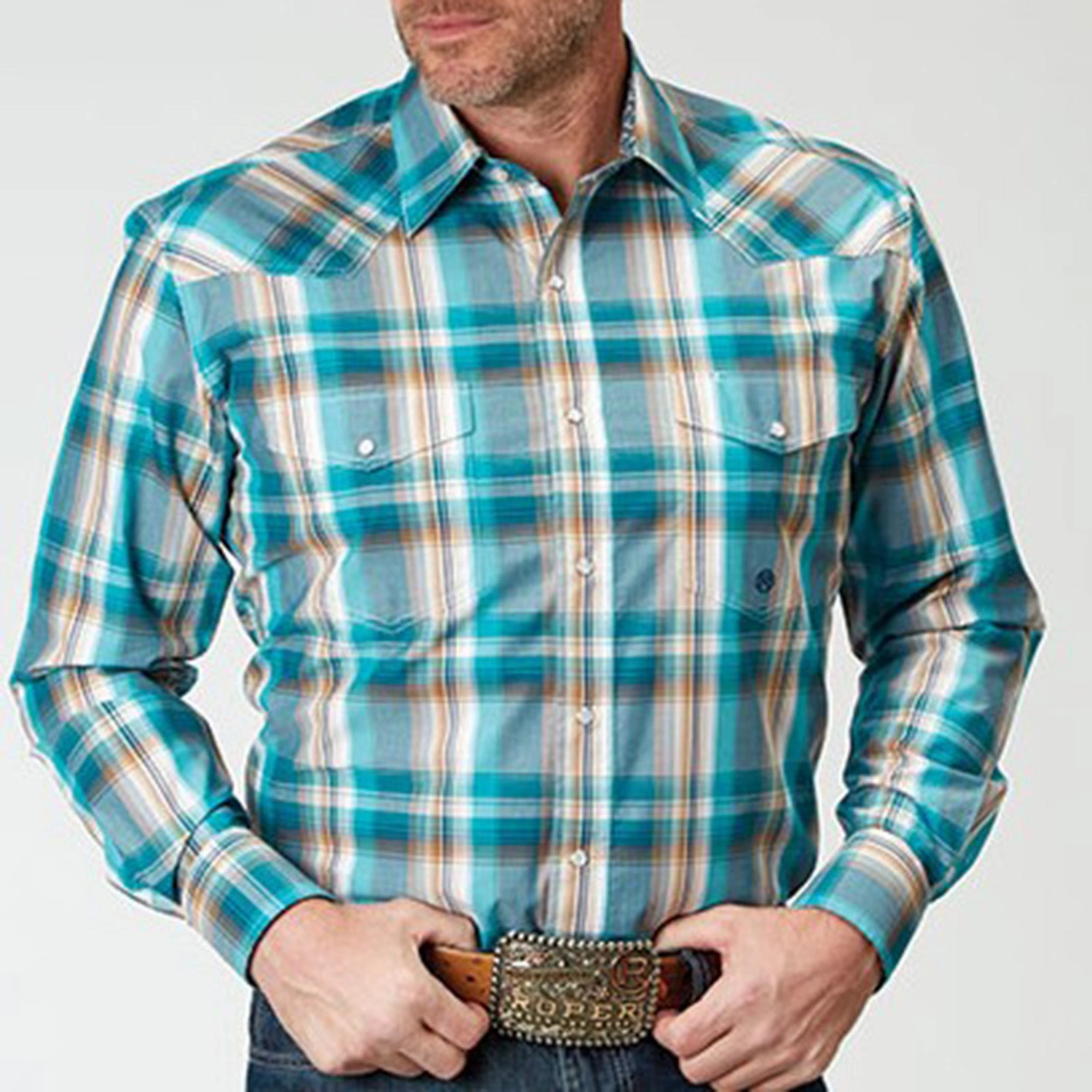 Timeless elegance Roper Men's Multi Turquoise Plaid Shirt