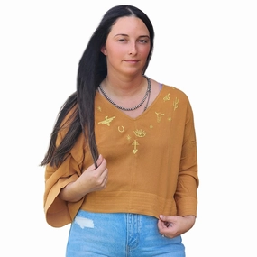 Allie Falcon Women's Gold & Rust Crop Blouse Airflow Optimized Weave