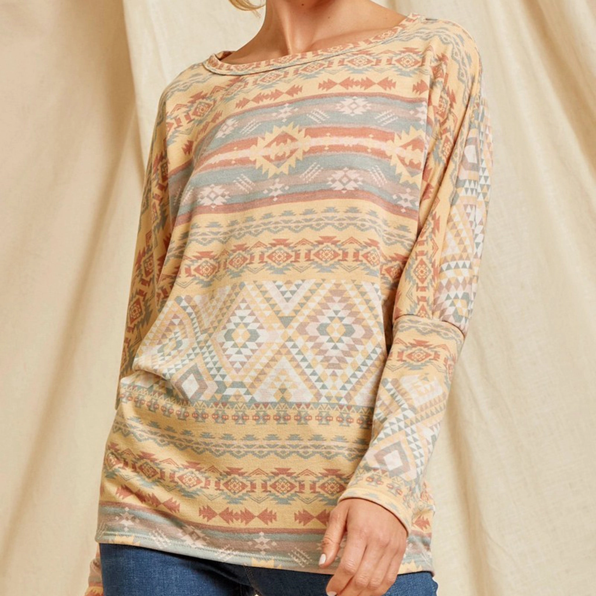 QuickPackFoldableDesign WrinkleResistantWeave Andree Unit Women's Marigold and Blue Aztec Top